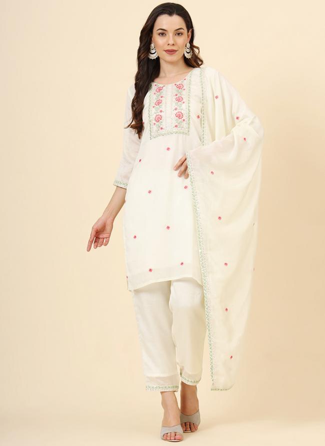 Vichitra Silk White Festival Wear Embroidery Work Readymade Kurti Set